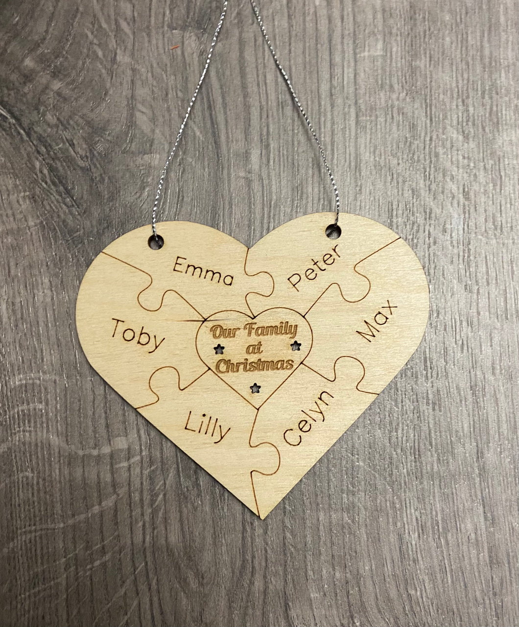 Wooden personalised Christmas heart puzzle hanging decoration - Laser LLama Designs Ltd