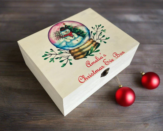 Wooden printed personalised Christmas Eve box -snow globe - Laser LLama Designs Ltd