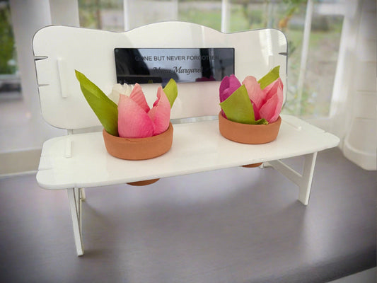 White acrylic personalised bench for flower pots - Laser LLama Designs Ltd
