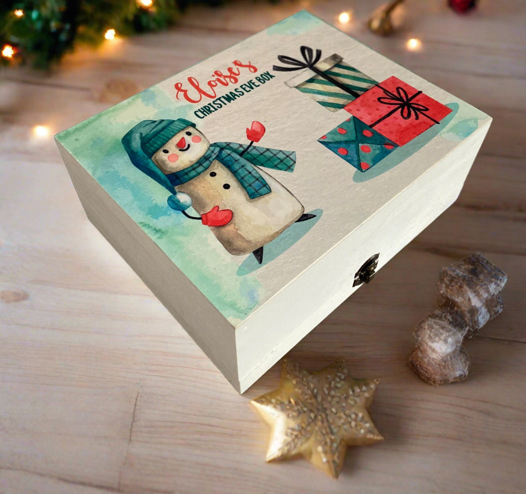 Wooden personalised snowman Christmas Eve box - Laser LLama Designs Ltd
