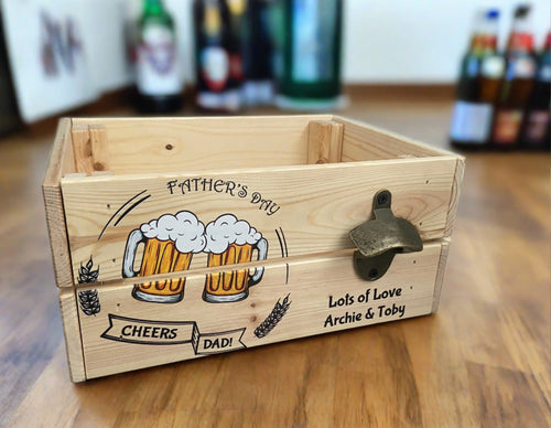 Wooden personalised Father’s Day crate with bottle opener - Laser LLama Designs Ltd