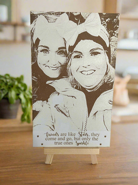 Photo engraved onto white mdf -2 sizes-stand included - Laser LLama Designs Ltd