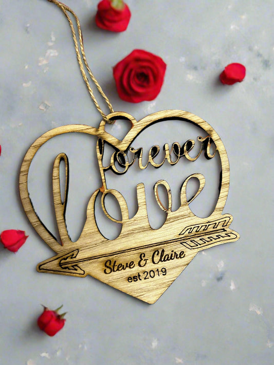 Oak veneer personalised love forever heart with arrow - Laser LLama Designs Ltd