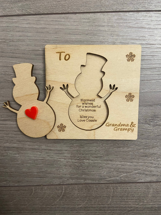 Wooden personalised 3d snowman card - Laser LLama Designs Ltd