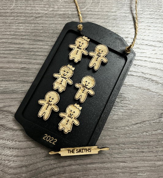 Wooden personalised baking tray with gingerbread Christmas family ornament - Laser LLama Designs Ltd