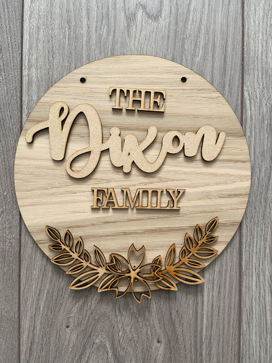 Oak veneer layered family name plaque - Laser LLama Designs Ltd