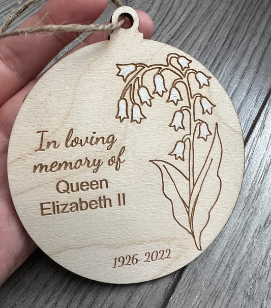 Wooden Lily of the valley memorial queen bauble - Laser LLama Designs Ltd