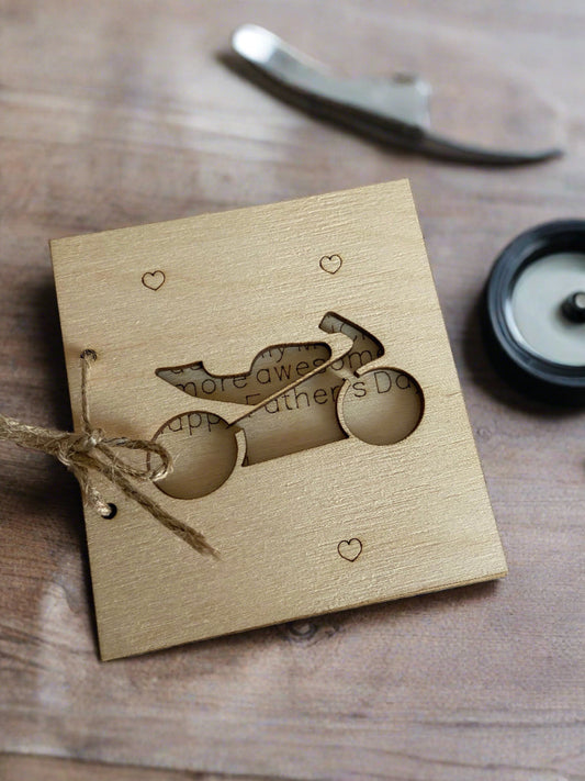 Wooden personalised motorbike card - Laser LLama Designs Ltd