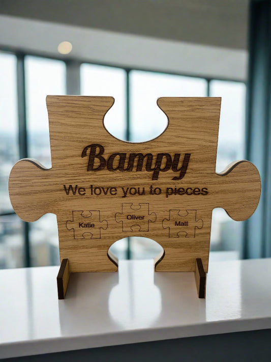Oak veneer freestanding personalised puzzle shape - Laser LLama Designs Ltd