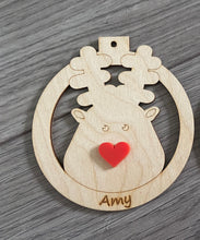 Load image into Gallery viewer, Wooden personalised red/green nose reindeer bauble - Laser LLama Designs Ltd