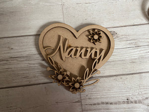 Wooden double layered heart with floral theme - Laser LLama Designs Ltd