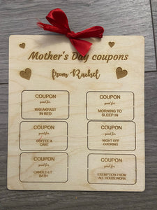 Wooden personalised Mother’s Day coupons - Laser LLama Designs Ltd