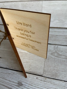 Wooden personalised engraved tree card for teacher - Laser LLama Designs Ltd