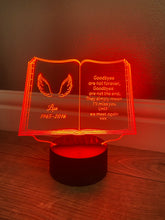 Load image into Gallery viewer, Light up 3d open book with wings memorial display. 9 colours option - Laser LLama Designs Ltd