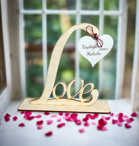 Freestanding wooden family love sign with hanging heart - Laser LLama Designs Ltd