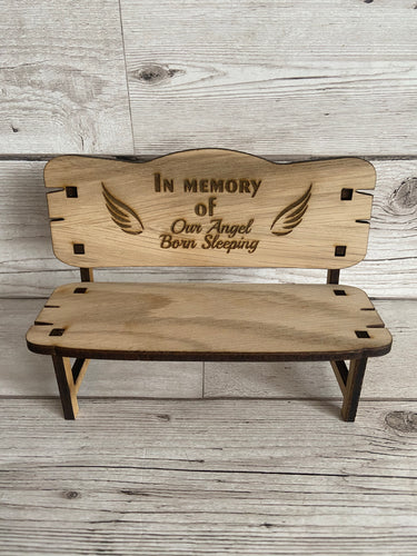 Oak veneer memorial bench- engraved with wings - Laser LLama Designs Ltd