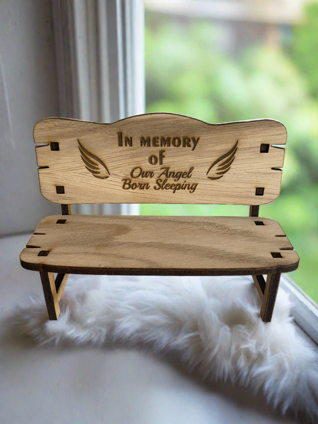 Oak veneer memorial bench- engraved with wings - Laser LLama Designs Ltd