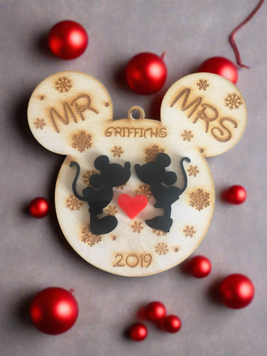 Personalised mouse Mr & Mrs  ears bauble - Laser LLama Designs Ltd