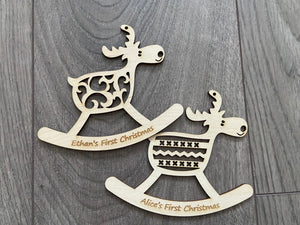 Wooden personalised first Christmas rocking reindeer - Laser LLama Designs Ltd