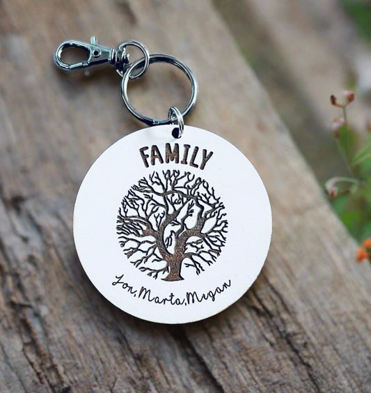 Wooden personalised family tree keyring - Laser LLama Designs Ltd