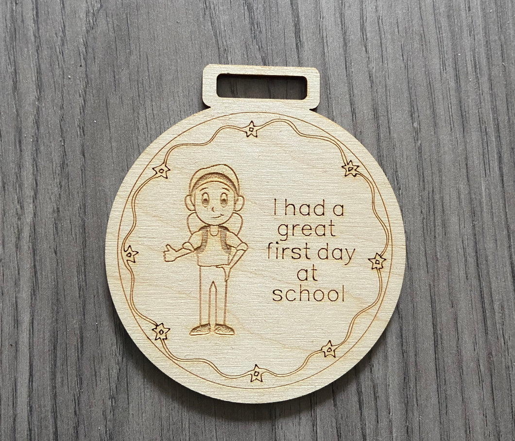 Wooden personalised first day at school medal - Laser LLama Designs Ltd