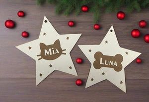 Wooden personalised cat/dog star bauble - Laser LLama Designs Ltd