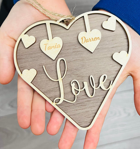 Wooden love hanging heart with 2 personalised names - Laser LLama Designs Ltd
