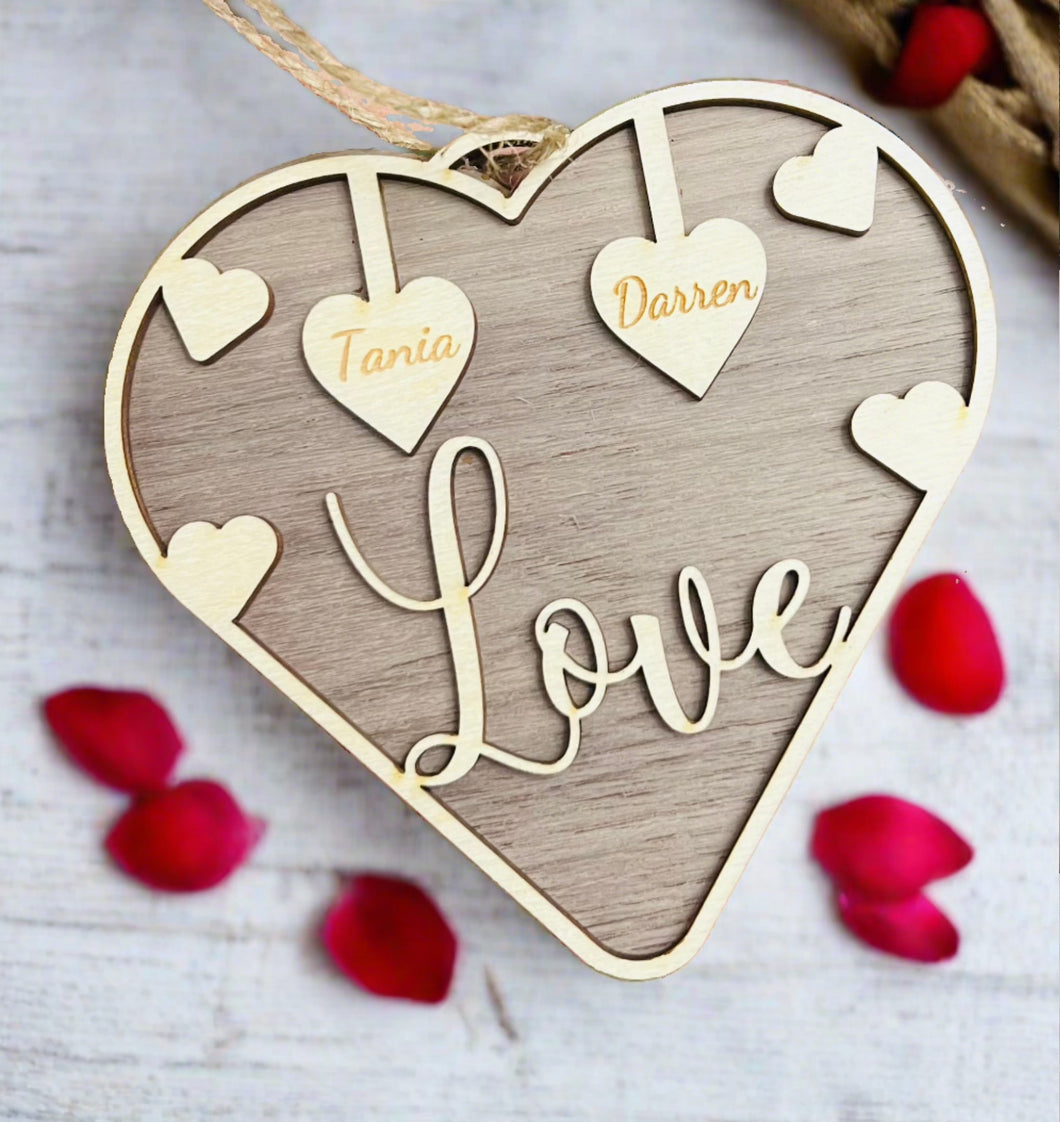 Wooden love hanging heart with 2 personalised names - Laser LLama Designs Ltd