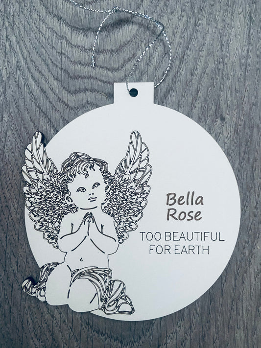Wooden personalised too beautiful for earth bauble with angel - Laser LLama Designs Ltd