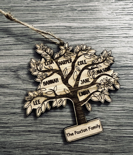 Oak veneer family tree Christmas decoration - Laser LLama Designs Ltd