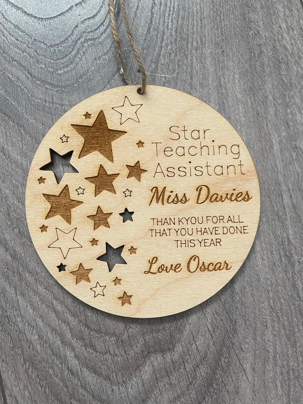 Wooden personalised star TA  circle plaque - Laser LLama Designs Ltd