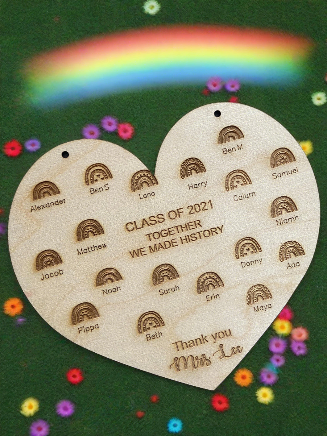 Wooden personalised rainbow heart plaque -end of the year - Laser LLama Designs Ltd