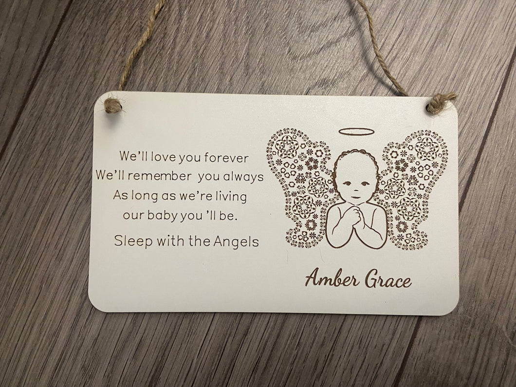 Wooden personalised Angel baby plaque - Laser LLama Designs Ltd