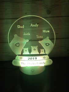 Bear family snow globe LED light up display- 9 colour options with remote - Laser LLama Designs Ltd