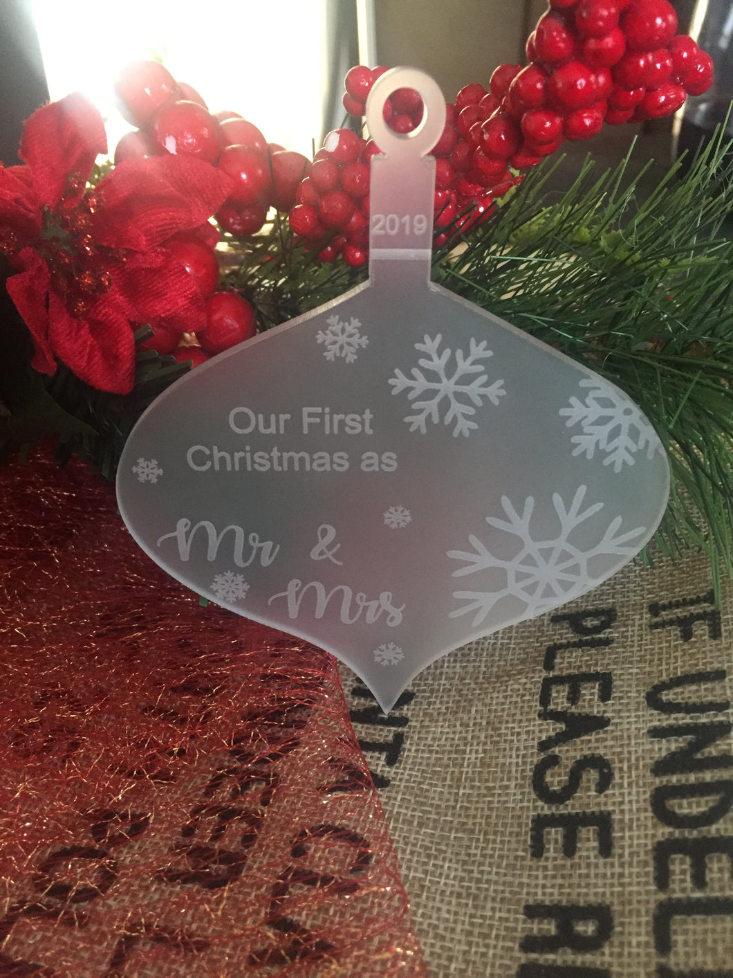 Frosted acrylic first Christmas personalised bauble - Laser LLama Designs Ltd