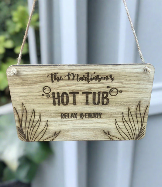 Personalised oak veneer hot tub plaque - Laser LLama Designs Ltd