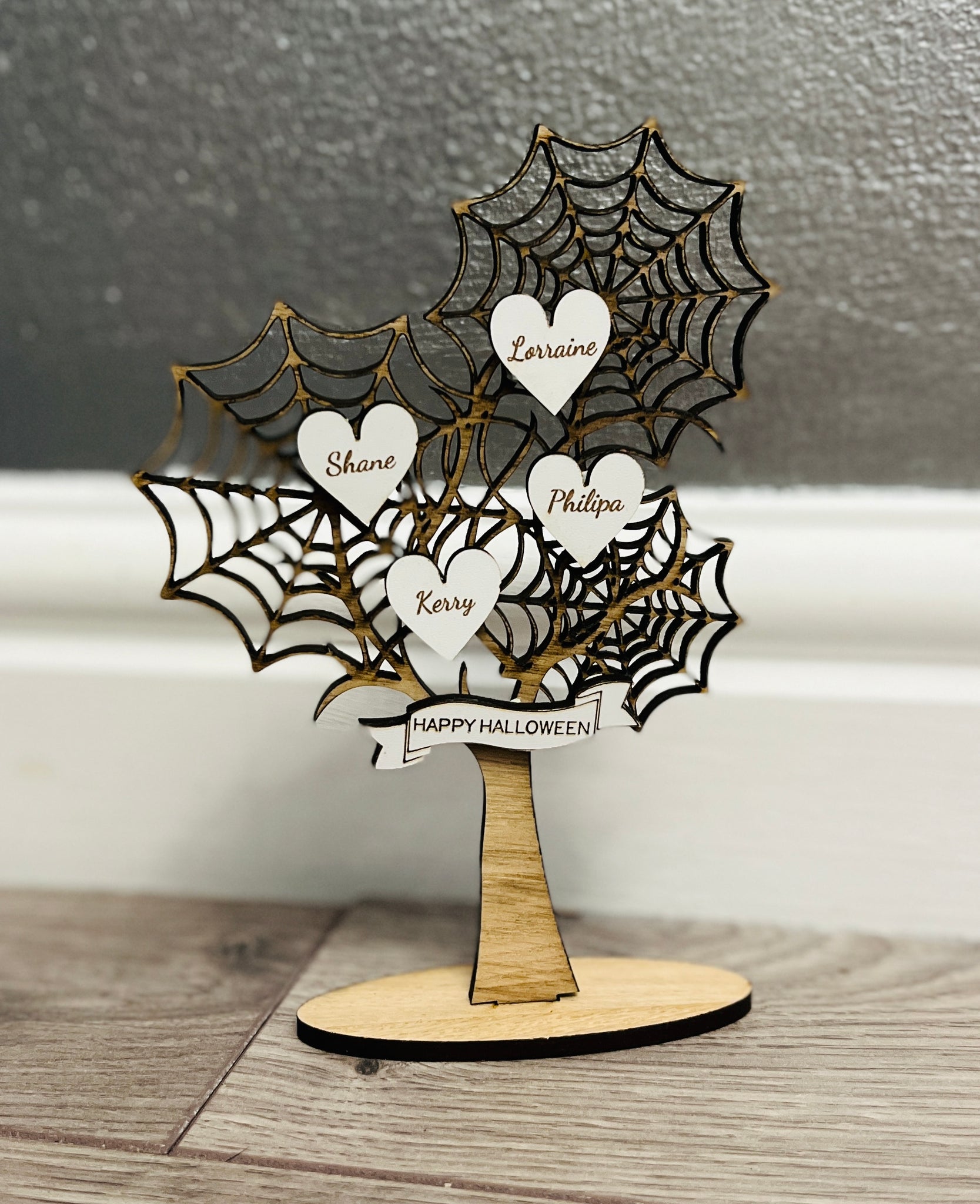Oak veneer personalised halloween family tree Laser LLama Designs Ltd