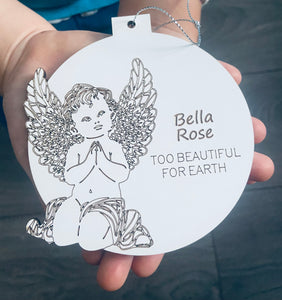 Wooden personalised too beautiful for earth bauble with angel - Laser LLama Designs Ltd