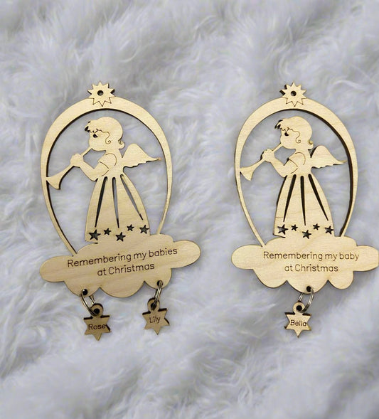 Wooden personalised Angel baby bauble with little stars - Laser LLama Designs Ltd