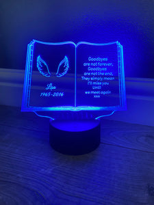 Light up 3d open book with wings memorial display. 9 colours option - Laser LLama Designs Ltd