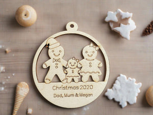Wooden personalised gingerbread family bauble - Laser LLama Designs Ltd