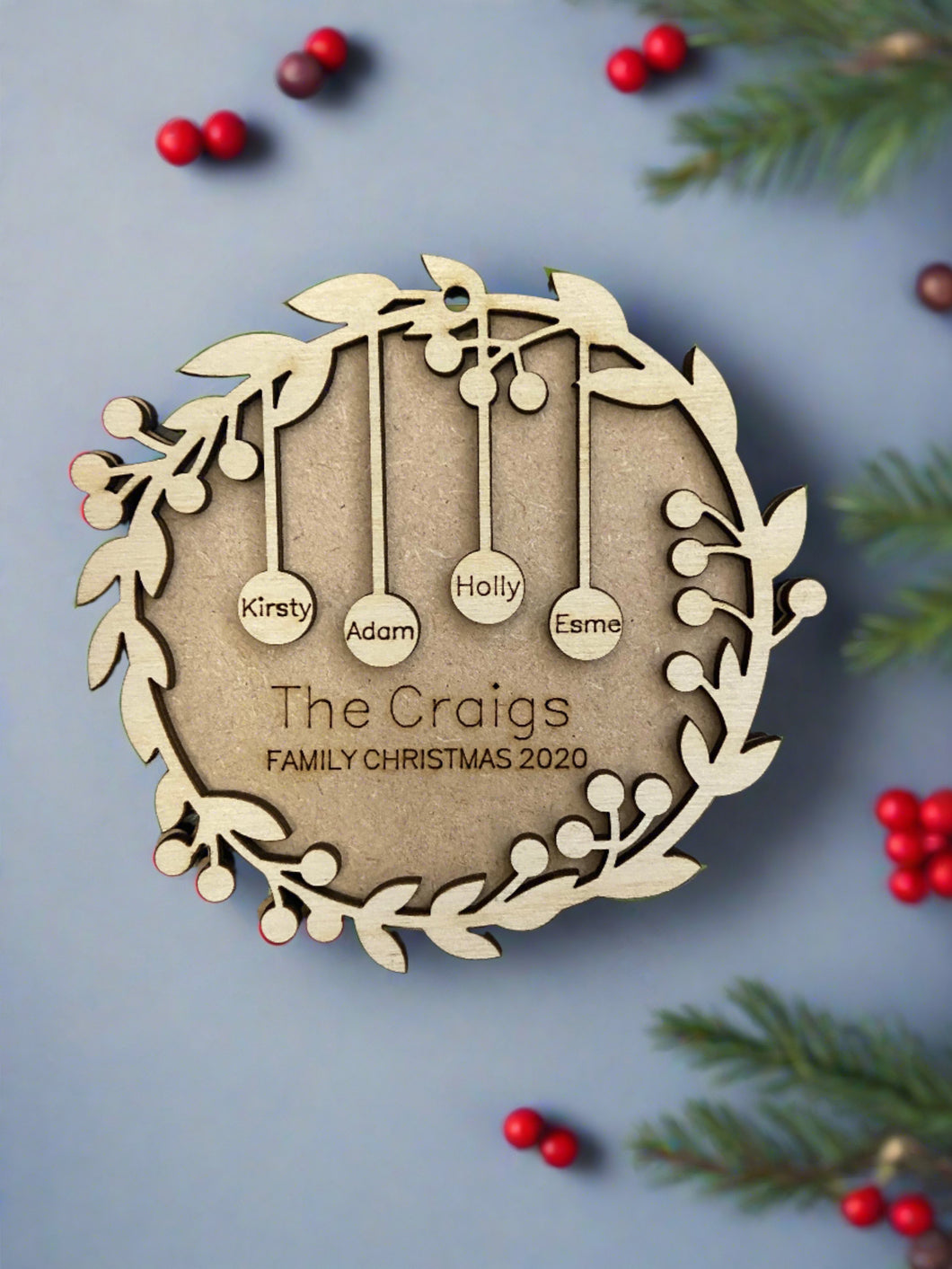 Personalised 3d family Christmas wreath bauble - Laser LLama Designs Ltd