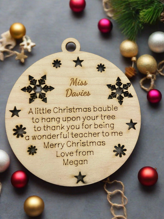 Wooden personalised snowflakes bauble for teacher - Laser LLama Designs Ltd