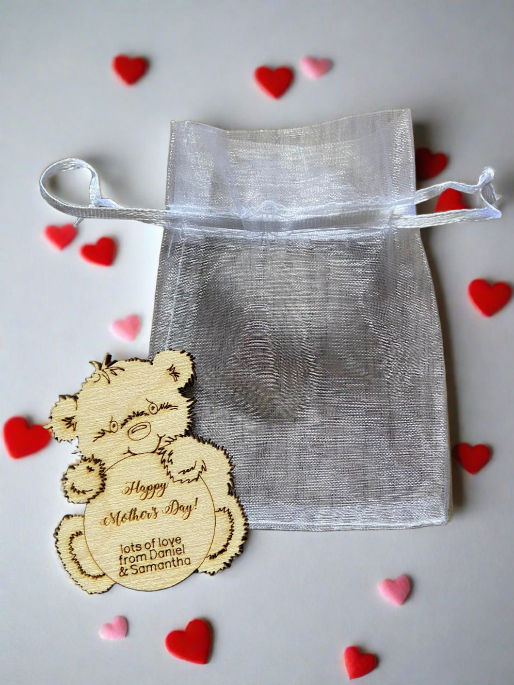 Wooden personalised bear in the bag -Happy Mother’s day - Laser LLama Designs Ltd