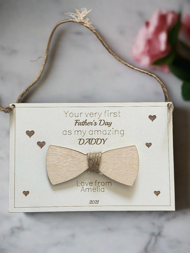 Personalised first Father’s Day plaque with tie bow - Laser LLama Designs Ltd