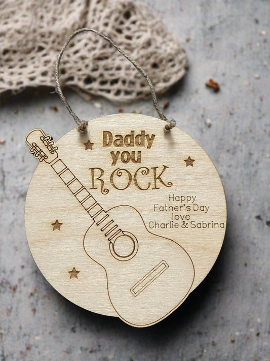 Wooden personalised guitar -“you rock” plaque - Laser LLama Designs Ltd