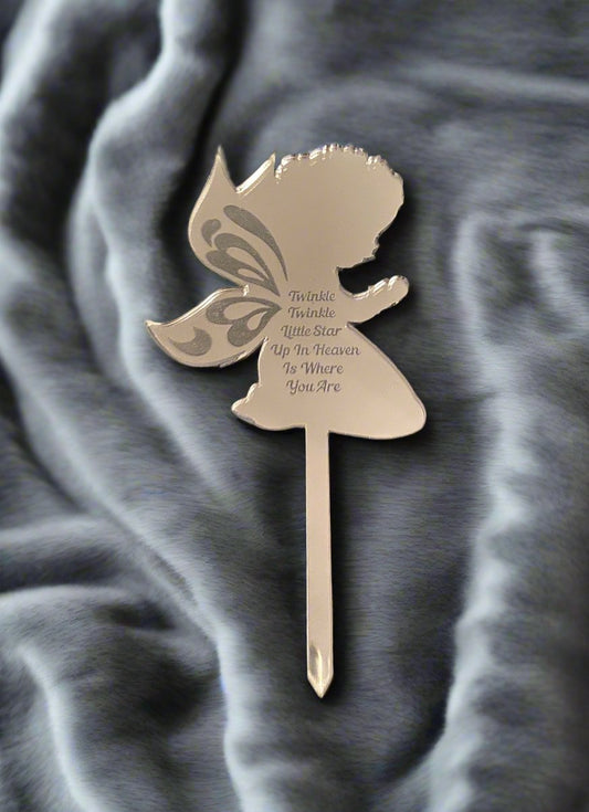 Mirrored silver acrylic grave angel marker - Laser LLama Designs Ltd