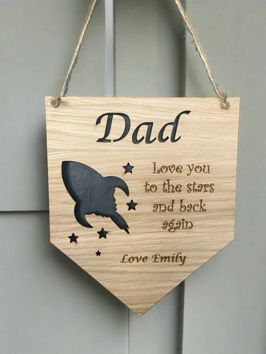Oak veneer personalised rocket bunting plaque - Laser LLama Designs Ltd