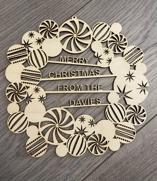 Wooden personalised bauble wreath - Laser LLama Designs Ltd