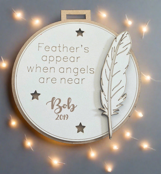 Wooden personalised 2 layered bauble with feather - Laser LLama Designs Ltd